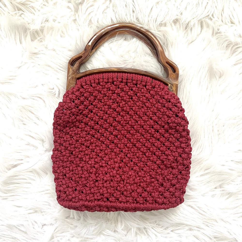 VINTAGE Handmade Red Maroon Crochet Macrame Bag Purse boho cottagecore
